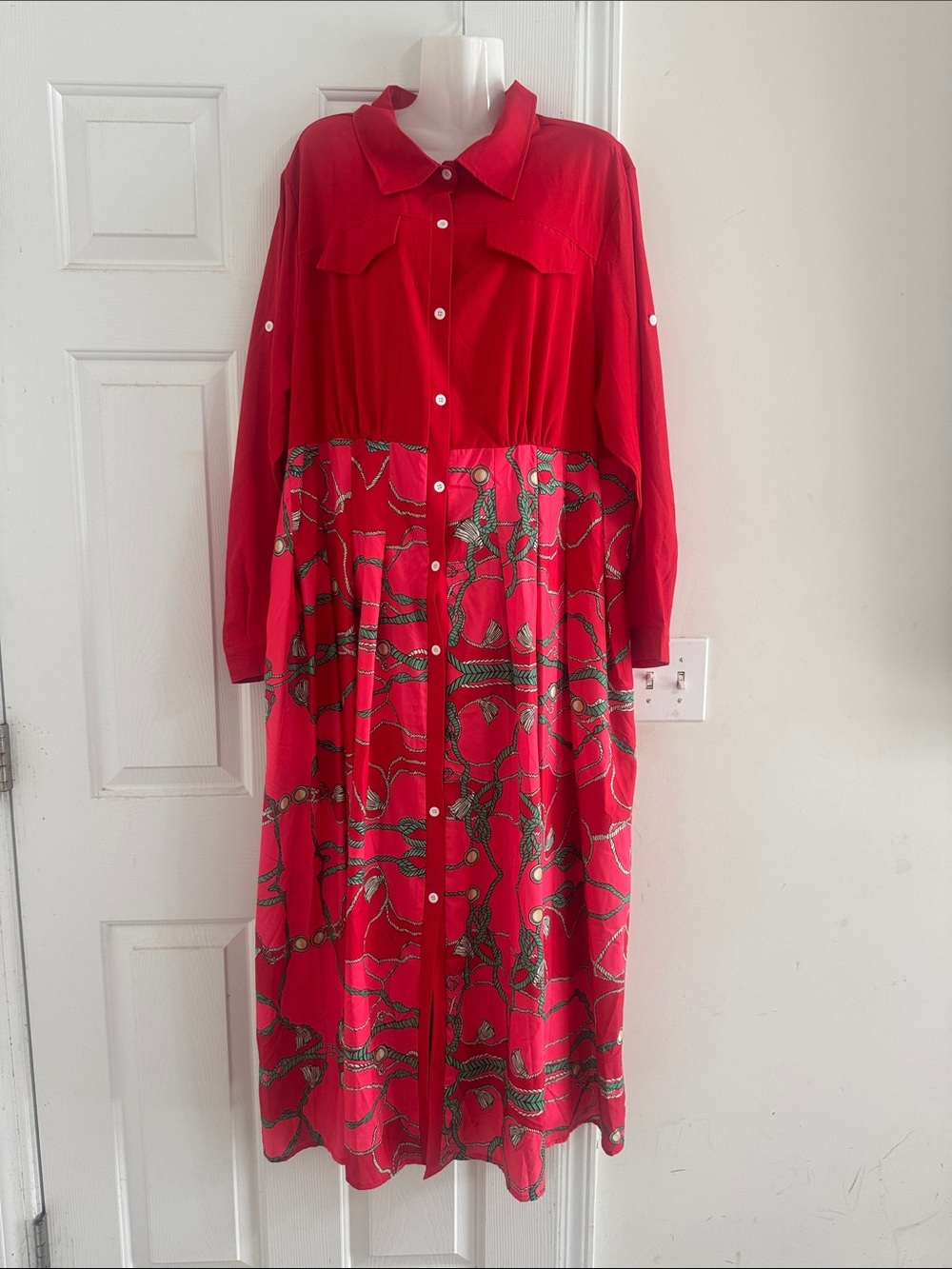SHEIN Red Long Sleeve Button-Front Maxi Dress with Printed Skirt